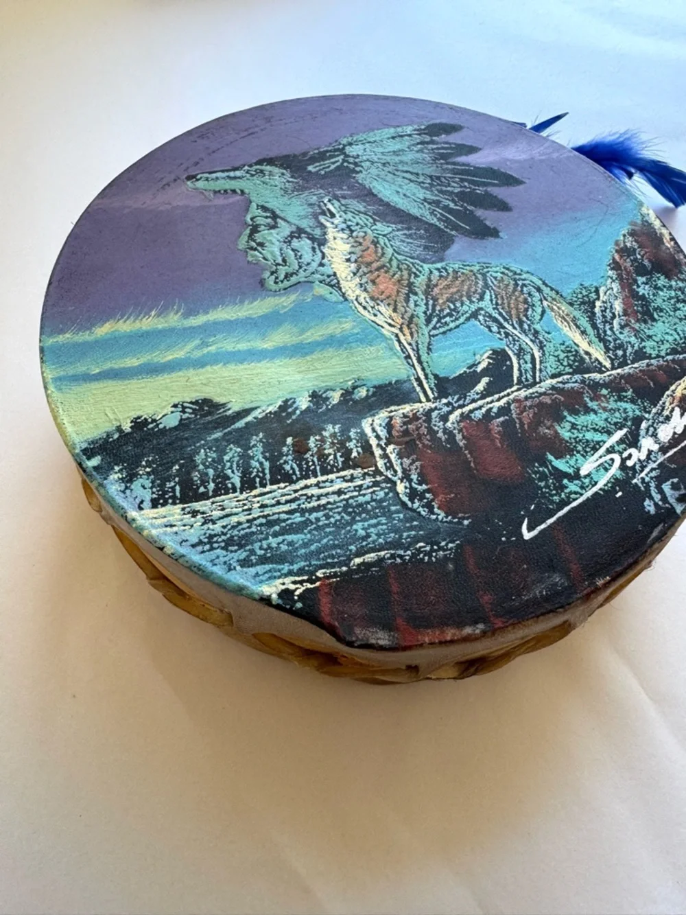Vintage 1990s Native American Hand Painted Rawhide Drum Artist Signed Decorative